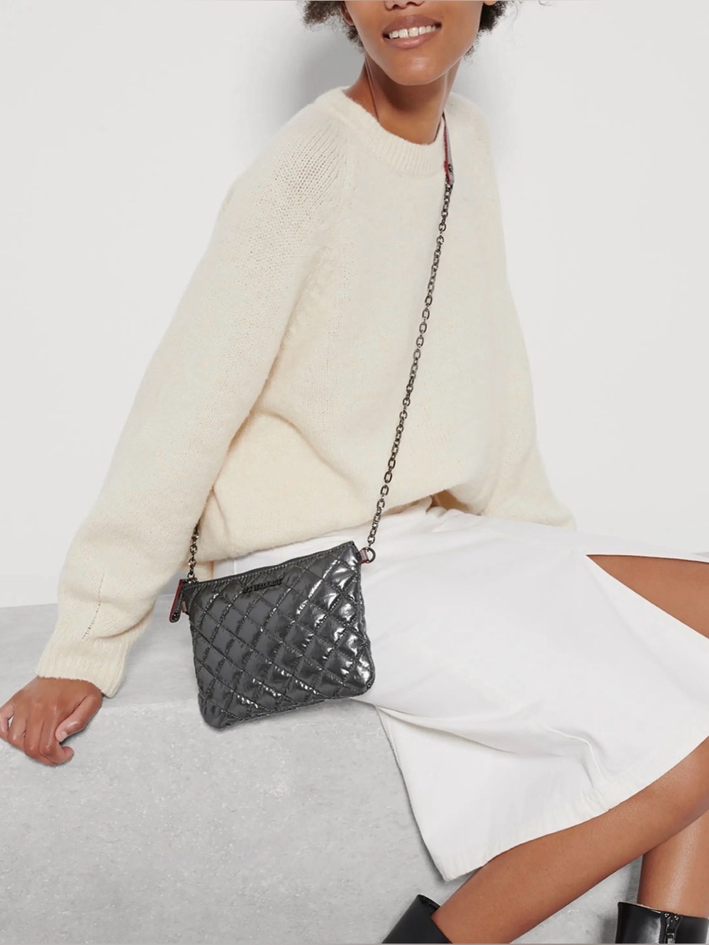 MZ Wallace Ruby Quilted Crossbody Purse Bag in Metallica Silver